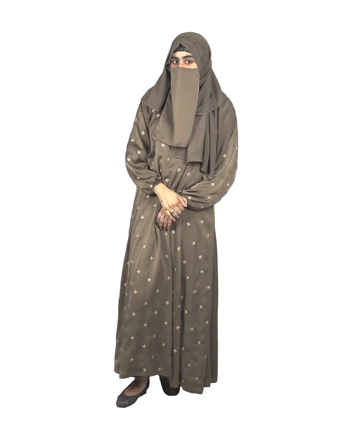 Mocha Starlight mocha / warm dark brown abaya front view with hand-embroidered cream-gold star flowers