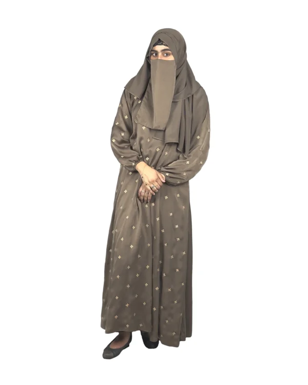 Mocha Starlight mocha / warm dark brown abaya front view with hand-embroidered cream-gold star flowers