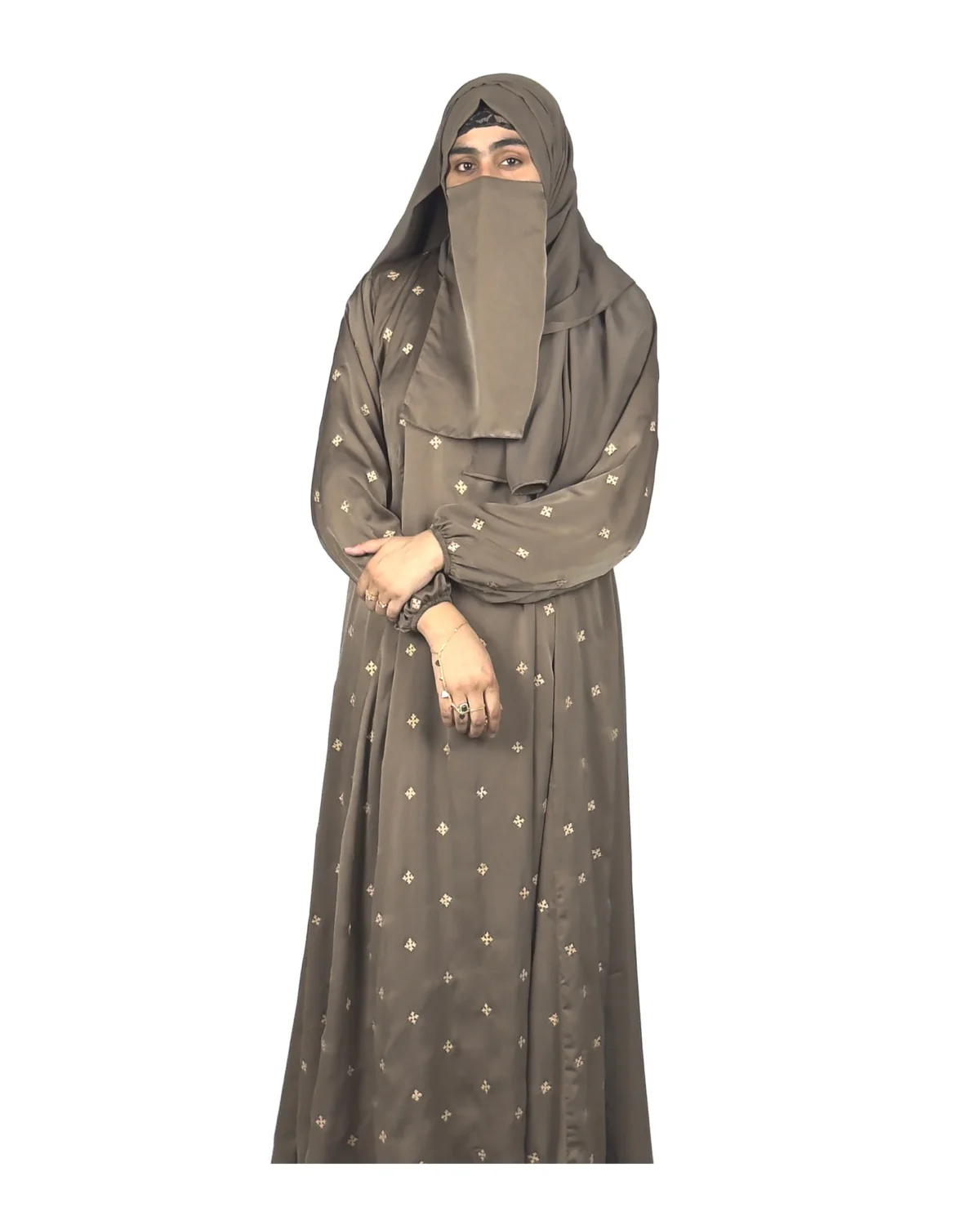 Mocha Starlight mocha / warm dark brown abaya front view with hand-embroidered cream-gold star flowers
