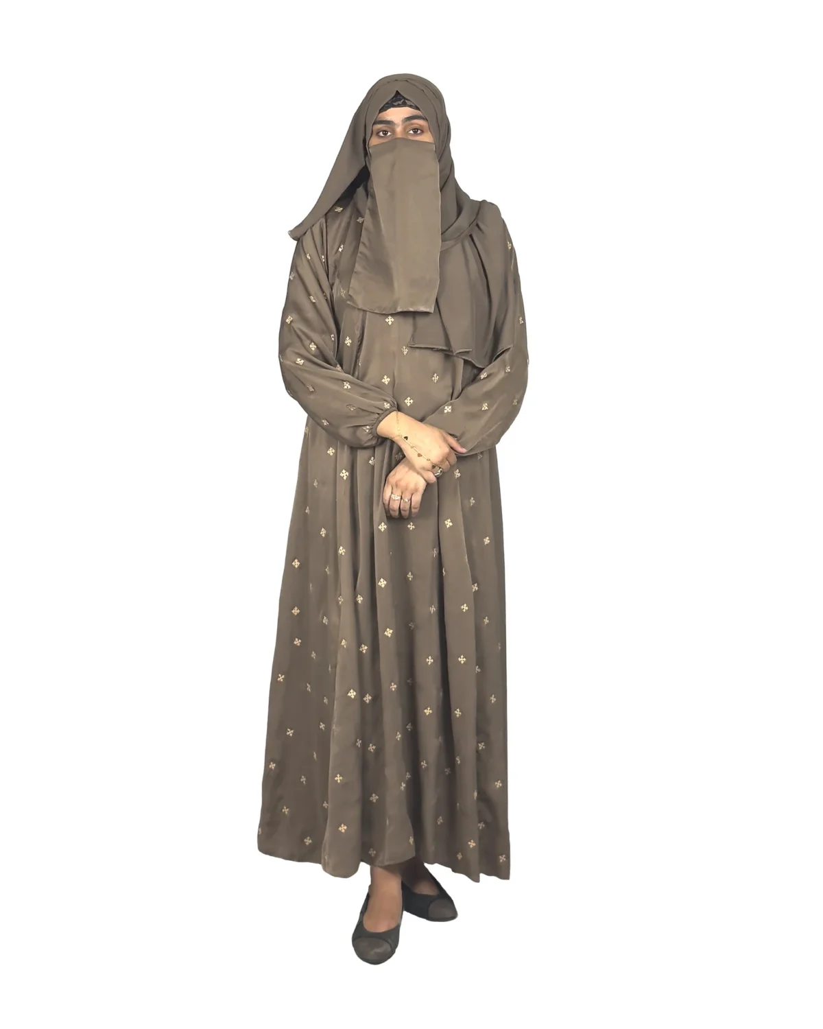Mocha Starlight mocha / warm dark brown abaya front view with hand-embroidered cream-gold star flowers