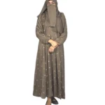 Mocha Starlight mocha / warm dark brown abaya front view with hand-embroidered cream-gold star flowers