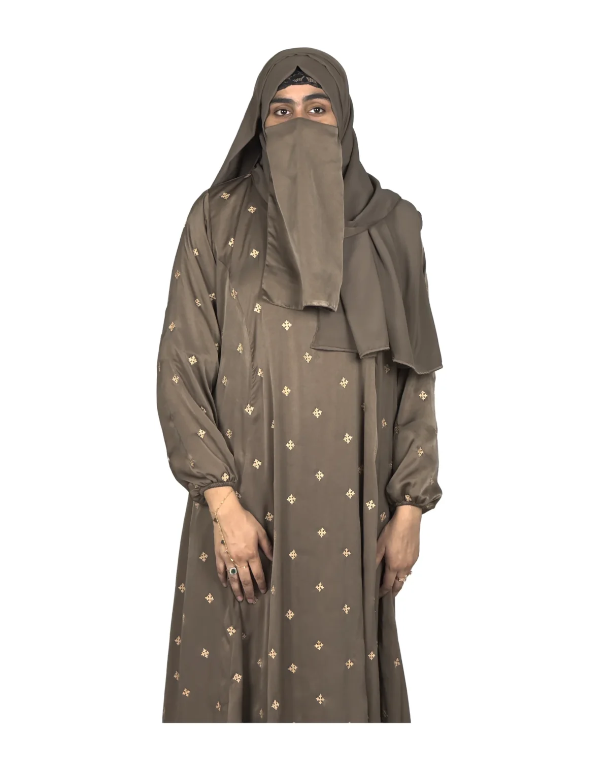 Mocha Starlight mocha / warm dark brown abaya front view with hand-embroidered cream-gold star flowers