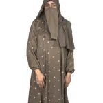 Mocha Starlight mocha / warm dark brown abaya front view with hand-embroidered cream-gold star flowers