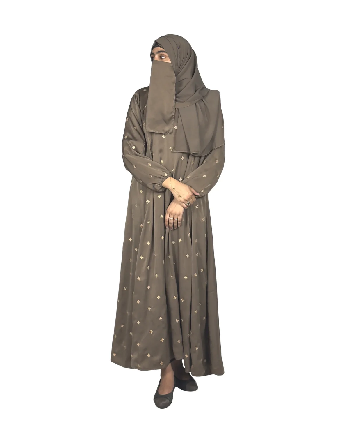 Mocha Starlight mocha / warm dark brown abaya front view with hand-embroidered cream-gold star flowers