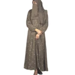 Mocha Starlight mocha / warm dark brown abaya front view with hand-embroidered cream-gold star flowers