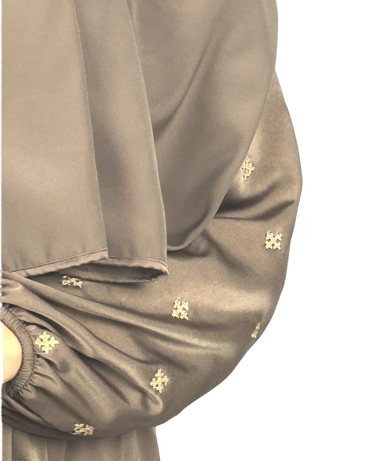 Mocha Starlight mocha / warm dark brown abaya close-up of the hand-embroidered cream-gold star flowers