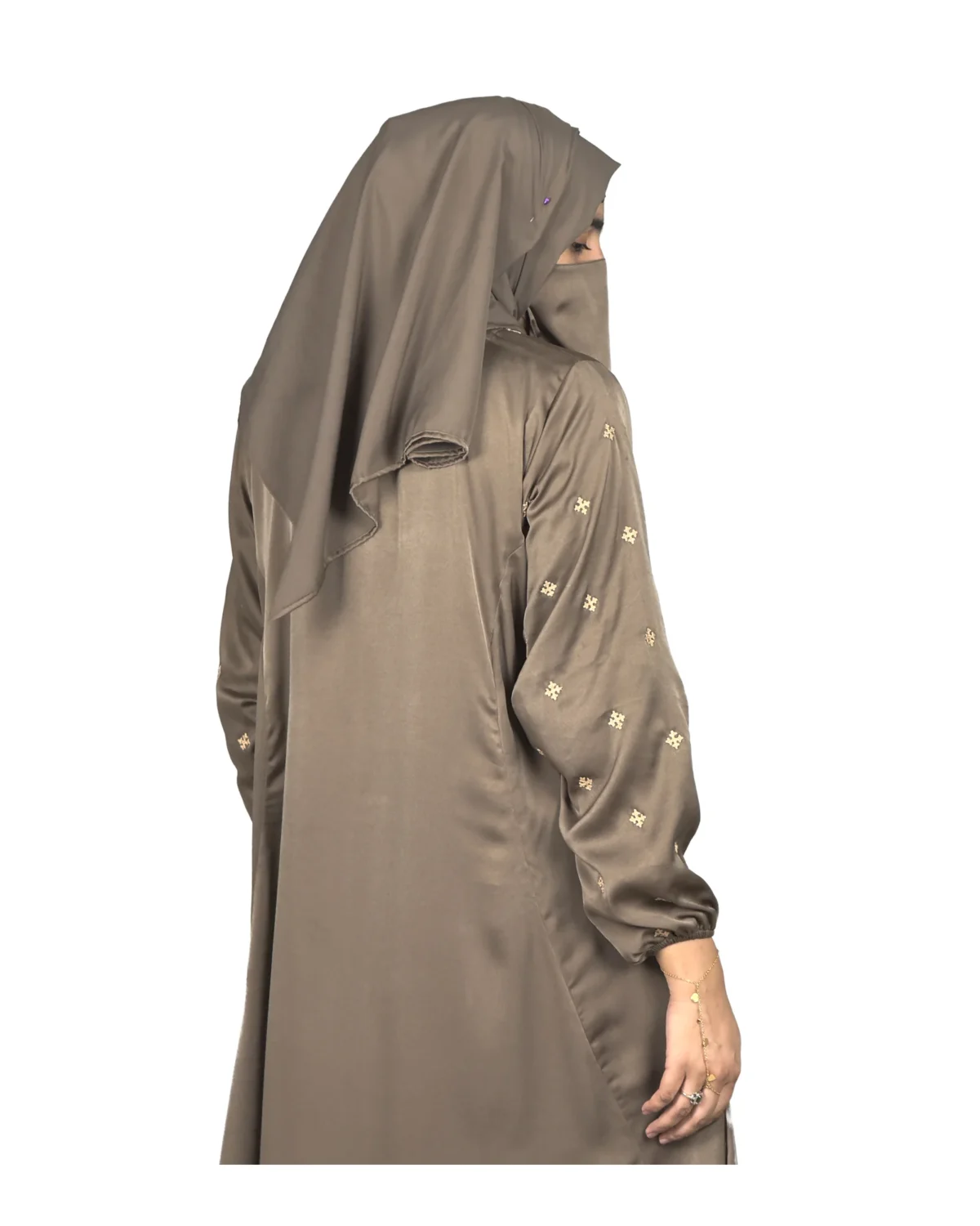 Mocha Starlight mocha / warm dark brown abaya side profile view with hand-embroidered cream-gold star flowers