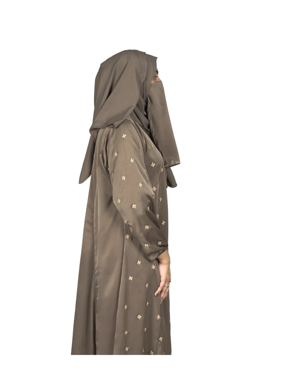 Mocha Starlight mocha / warm dark brown abaya side profile view with hand-embroidered cream-gold star flowers