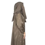 Mocha Starlight mocha / warm dark brown abaya side profile view with hand-embroidered cream-gold star flowers