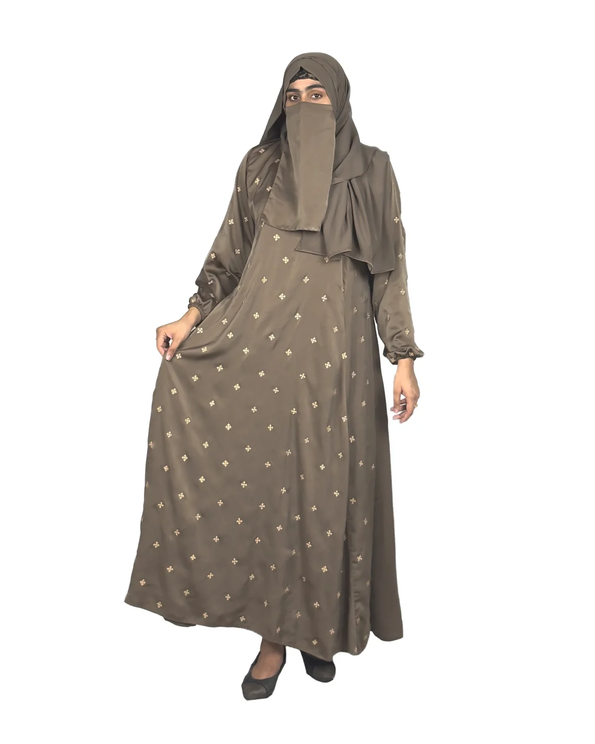 Mocha Starlight mocha / warm dark brown abaya front three-quarter view with hand-embroidered cream-gold star flowers