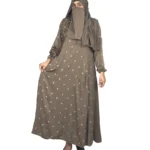 Mocha Starlight mocha / warm dark brown abaya front three-quarter view with hand-embroidered cream-gold star flowers