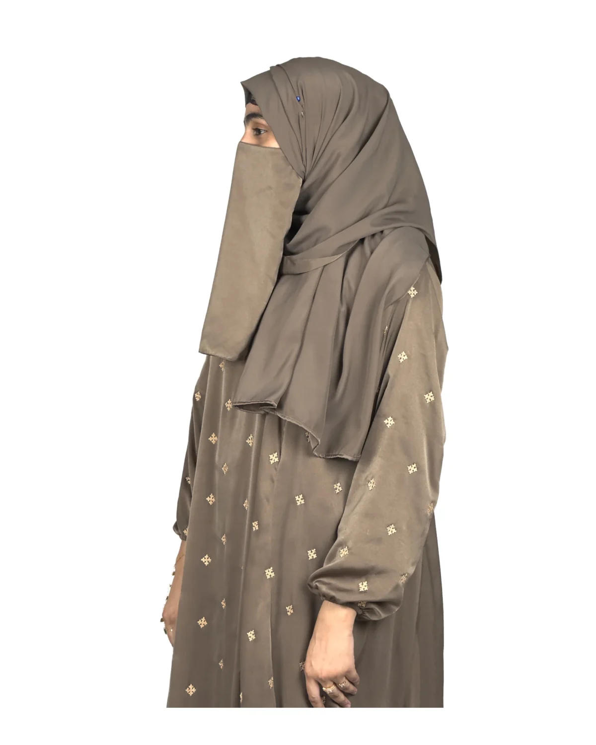 Mocha Starlight mocha / warm dark brown abaya front three-quarter view with hand-embroidered cream-gold star flowers