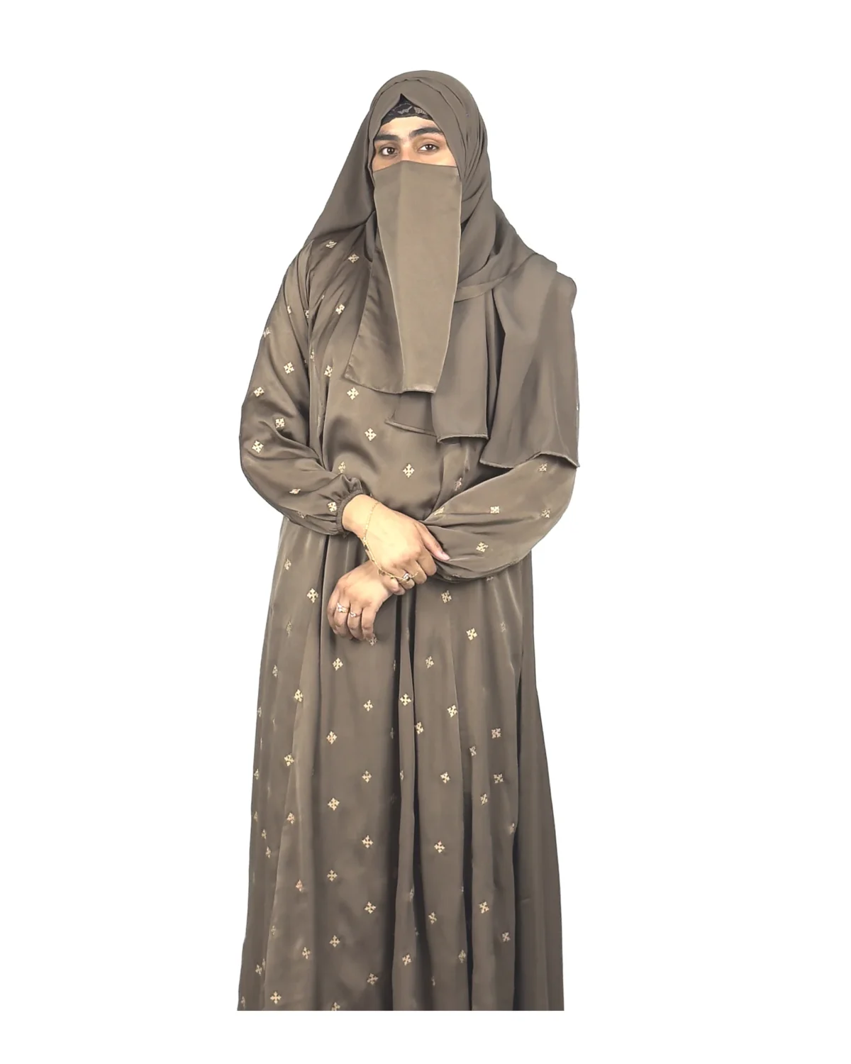 Mocha Starlight mocha / warm dark brown abaya front three-quarter view with hand-embroidered cream-gold star flowers
