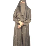Mocha Starlight mocha / warm dark brown abaya front three-quarter view with hand-embroidered cream-gold star flowers