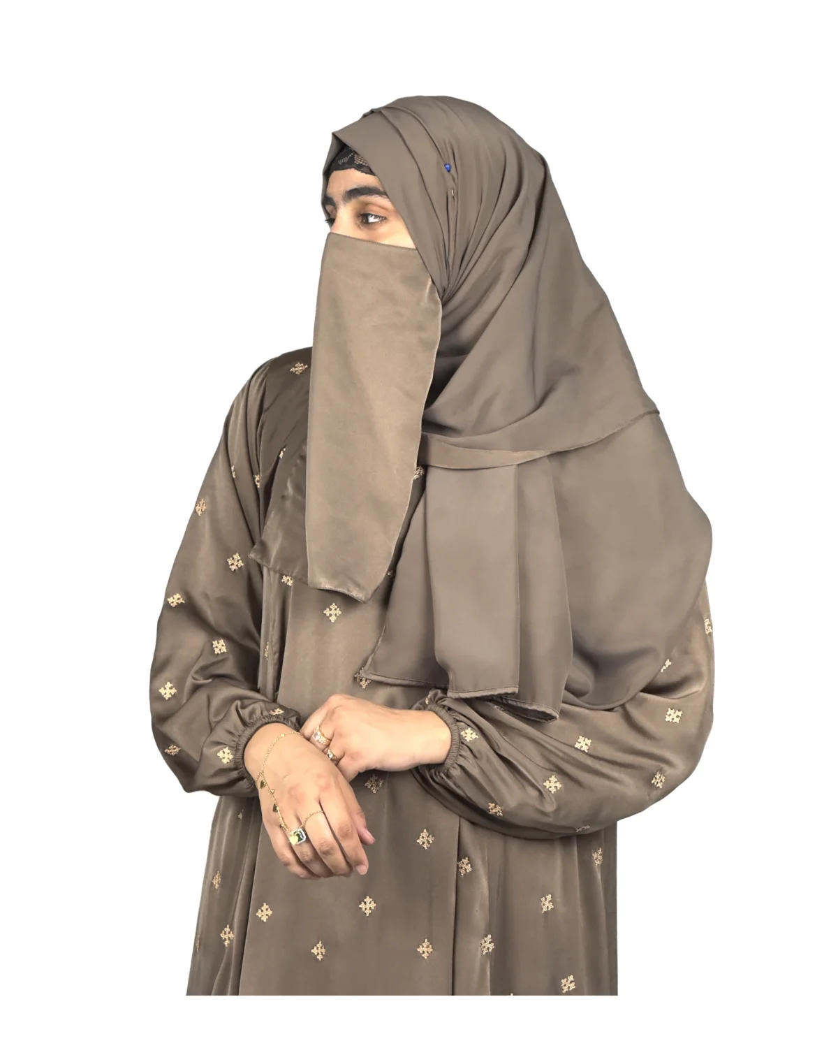 Mocha Starlight mocha / warm dark brown abaya front three-quarter view with hand-embroidered cream-gold star flowers