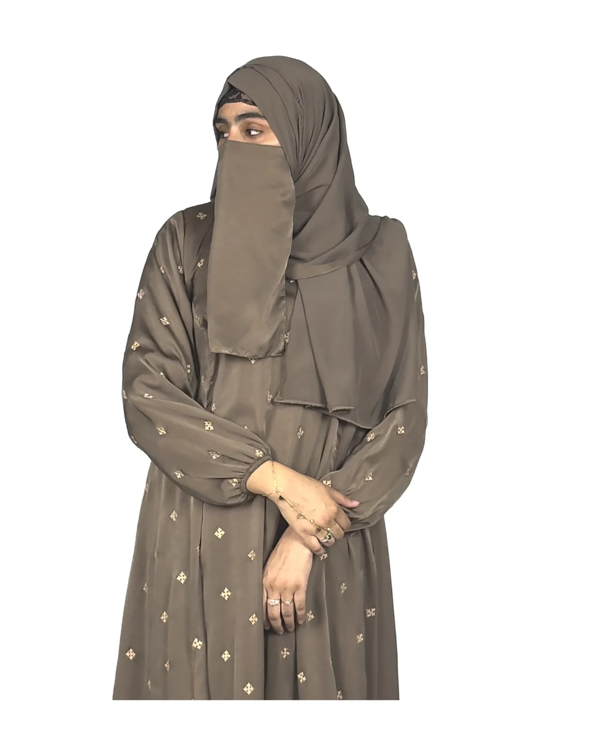 Mocha Starlight mocha / warm dark brown abaya front three-quarter view with hand-embroidered cream-gold star flowers