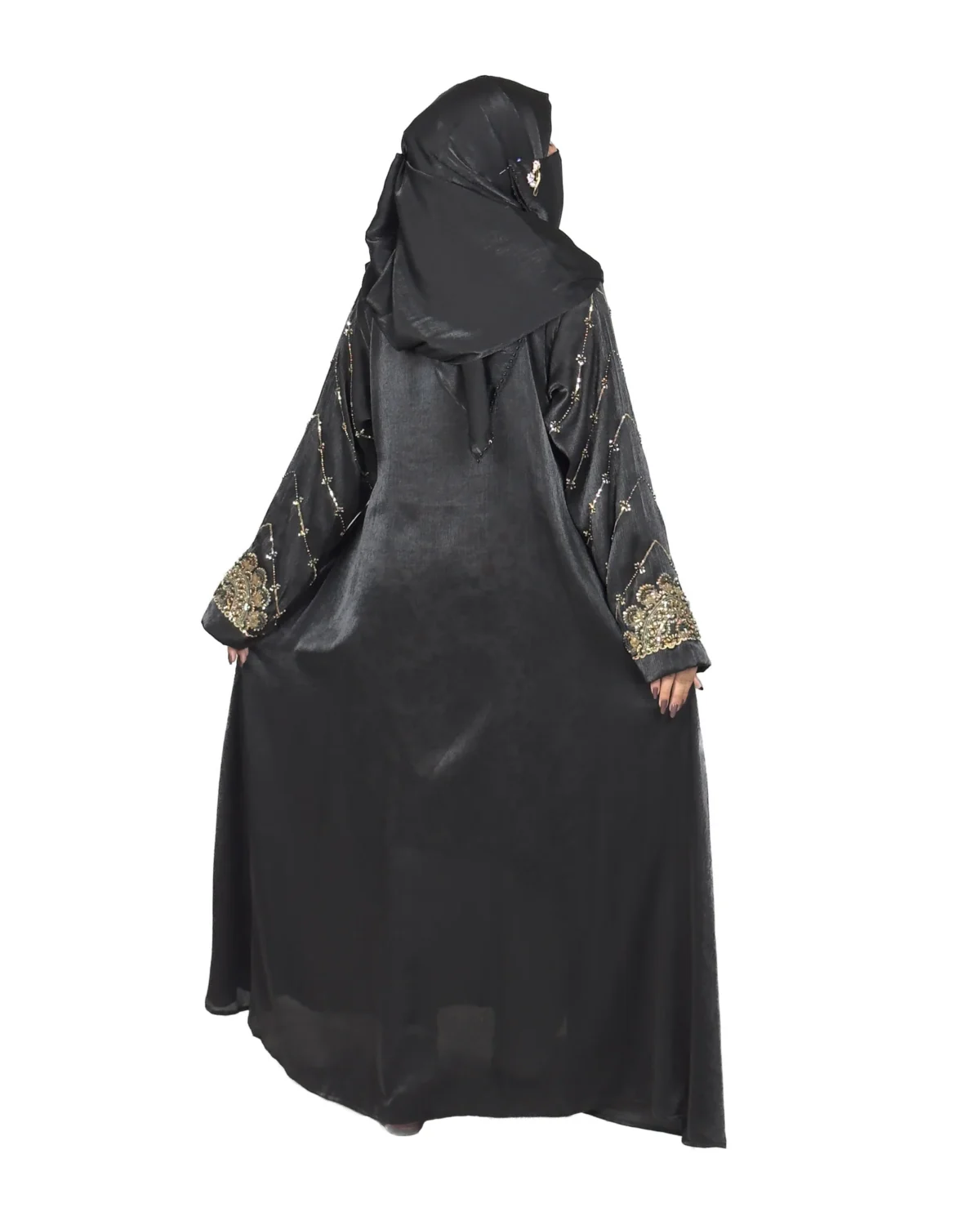 Onyx Gold black abaya back view with gold-and-black beaded cuffs and sequin-flower buttons