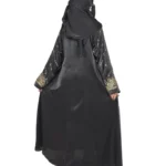 Onyx Gold black abaya back view with gold-and-black beaded cuffs and sequin-flower buttons
