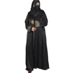 Onyx Gold black abaya front view with gold-and-black beaded cuffs and sequin-flower buttons