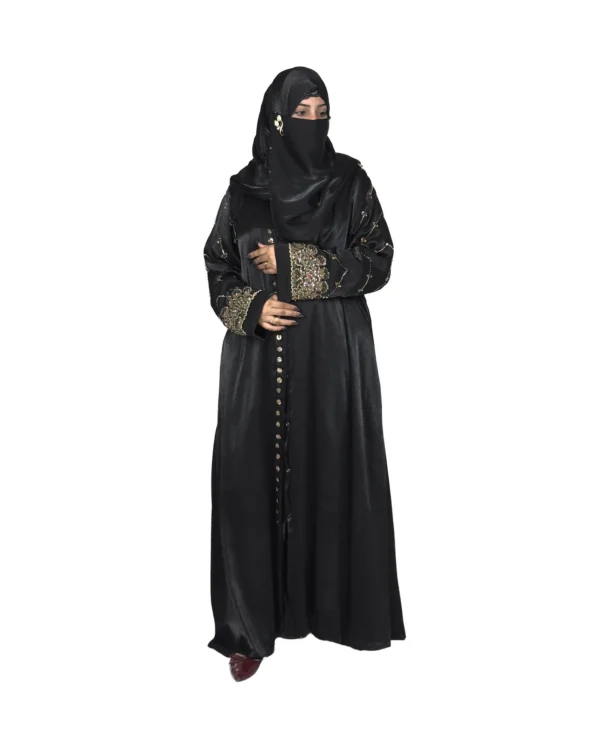 Onyx Gold black abaya front view with gold-and-black beaded cuffs and sequin-flower buttons