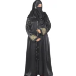 Onyx Gold black abaya front view with gold-and-black beaded cuffs and sequin-flower buttons