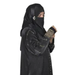 Onyx Gold black abaya side profile view with gold-and-black beaded cuffs and sequin-flower buttons
