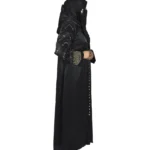 Onyx Gold black abaya side profile view with gold-and-black beaded cuffs and sequin-flower buttons