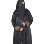 Onyx Gold black abaya front three-quarter view with gold-and-black beaded cuffs and sequin-flower buttons