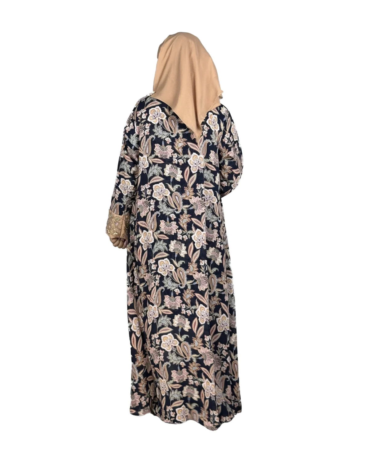 Paisley Rose navy paisley-floral print with a built-in camel inner layer abaya back view with navy paisley print with a gold sequin border