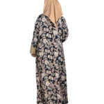 Paisley Rose navy paisley-floral print with a built-in camel inner layer abaya back view with navy paisley print with a gold sequin border