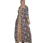 Paisley Rose navy paisley-floral print with a built-in camel inner layer abaya front view with navy paisley print with a gold sequin border
