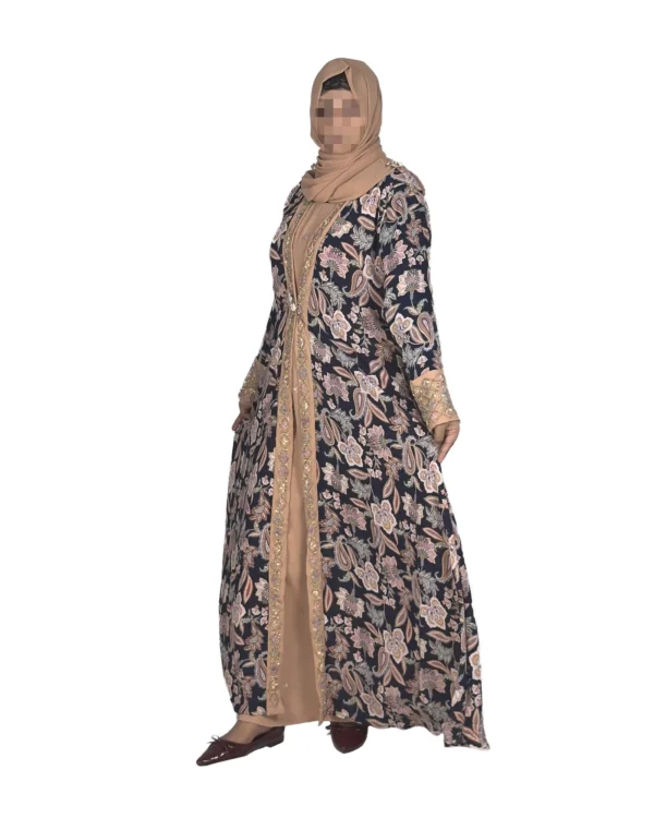 Paisley Rose navy paisley-floral print with a built-in camel inner layer abaya front view with navy paisley print with a gold sequin border