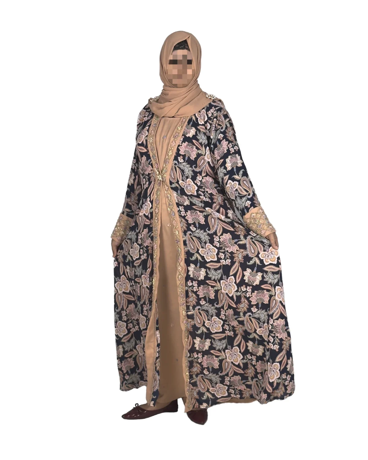 Paisley Rose navy paisley-floral print with a built-in camel inner layer abaya front view with navy paisley print with a gold sequin border