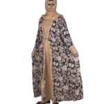 Paisley Rose navy paisley-floral print with a built-in camel inner layer abaya front view with navy paisley print with a gold sequin border