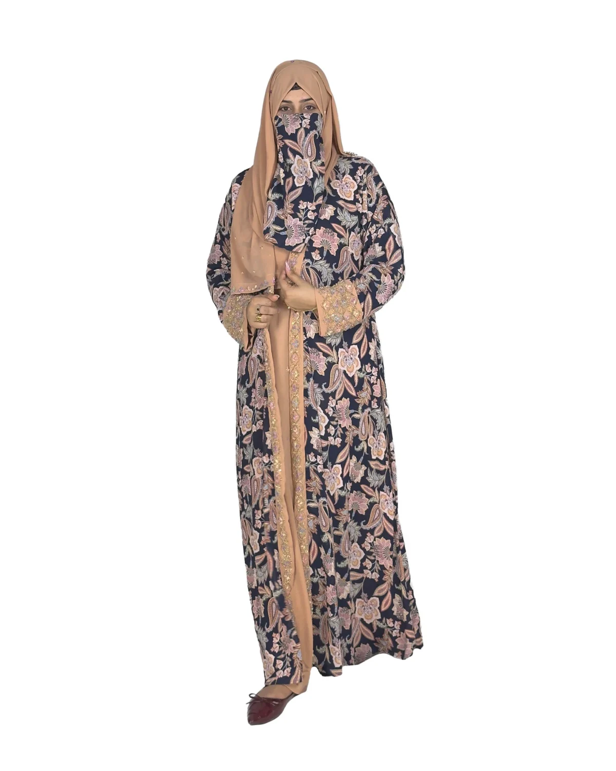 Paisley Rose navy paisley-floral print with a built-in camel inner layer abaya front view with navy paisley print with a gold sequin border
