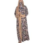 Paisley Rose navy paisley-floral print with a built-in camel inner layer abaya front view with navy paisley print with a gold sequin border