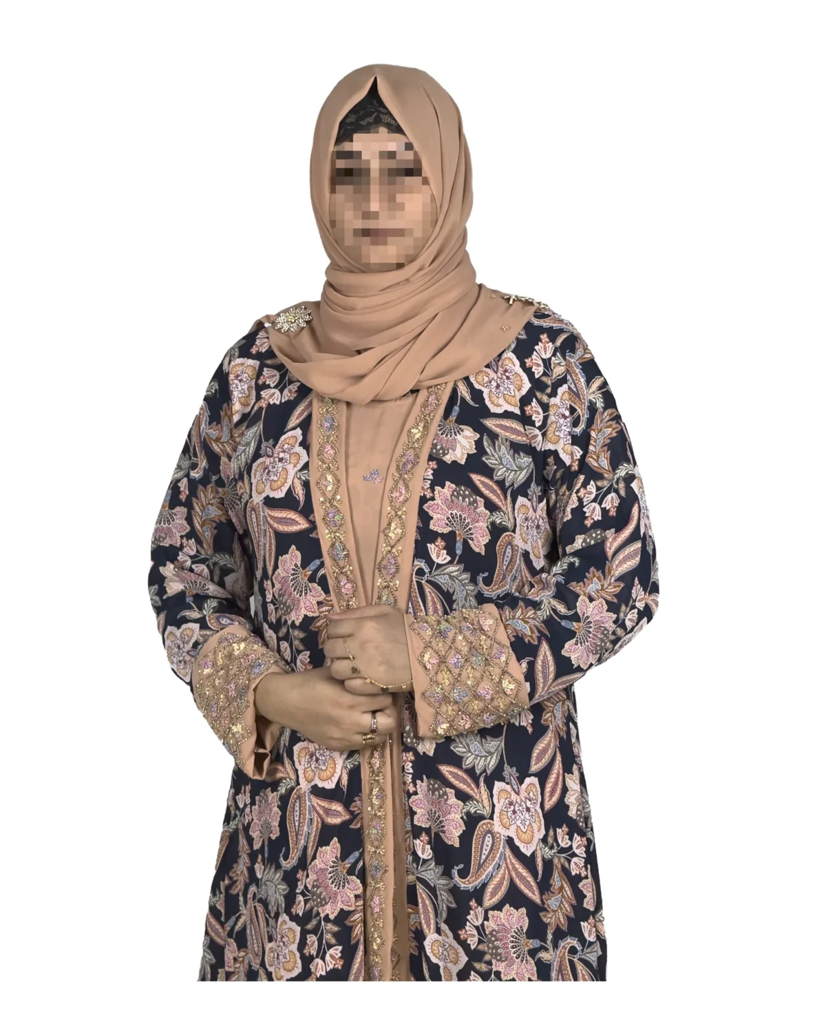 Paisley Rose navy paisley-floral print with a built-in camel inner layer abaya front view with navy paisley print with a gold sequin border