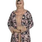 Paisley Rose navy paisley-floral print with a built-in camel inner layer abaya front view with navy paisley print with a gold sequin border
