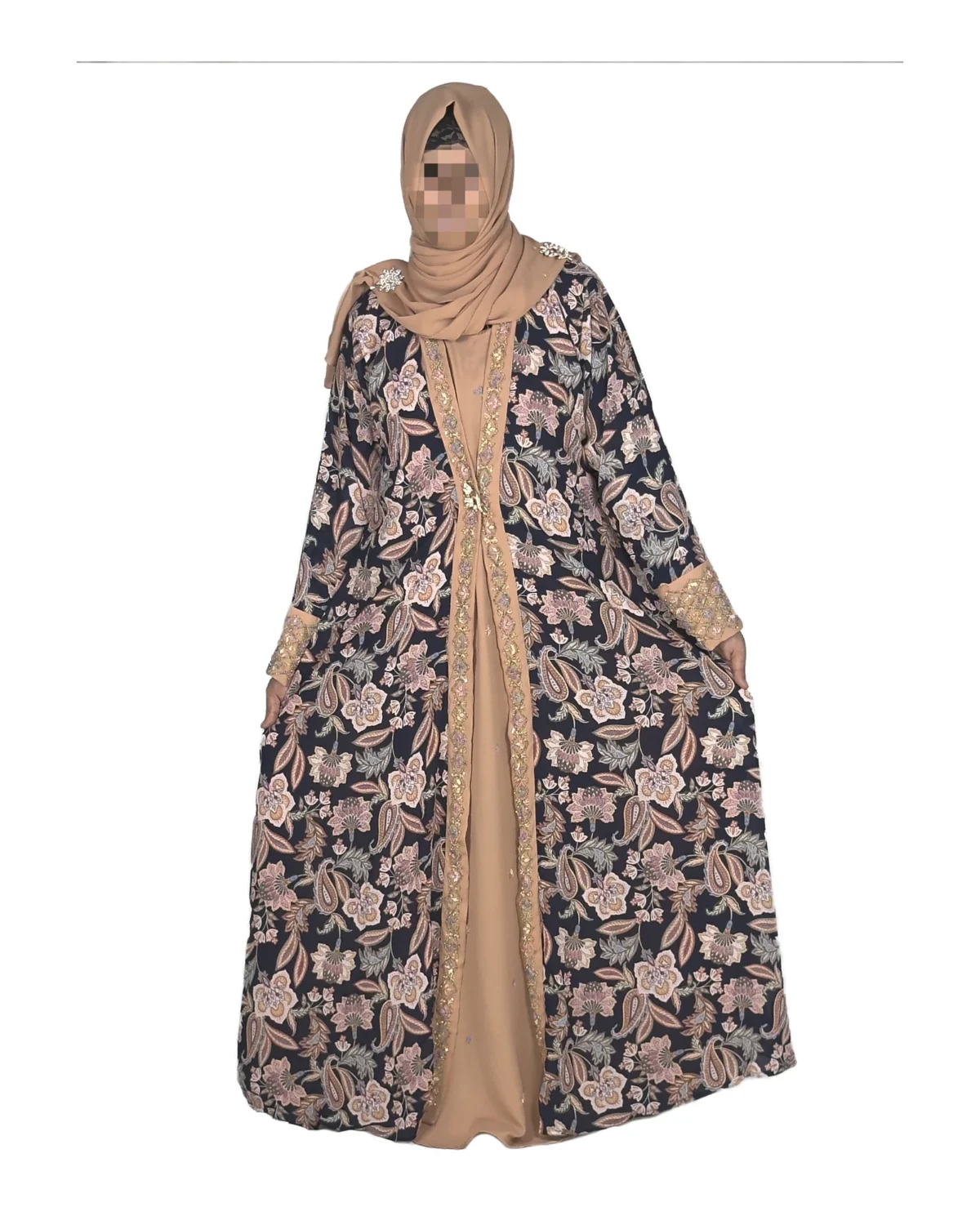 Paisley Rose navy paisley-floral print with a built-in camel inner layer abaya front view with navy paisley print with a gold sequin border