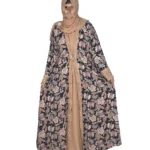 Paisley Rose navy paisley-floral print with a built-in camel inner layer abaya front view with navy paisley print with a gold sequin border