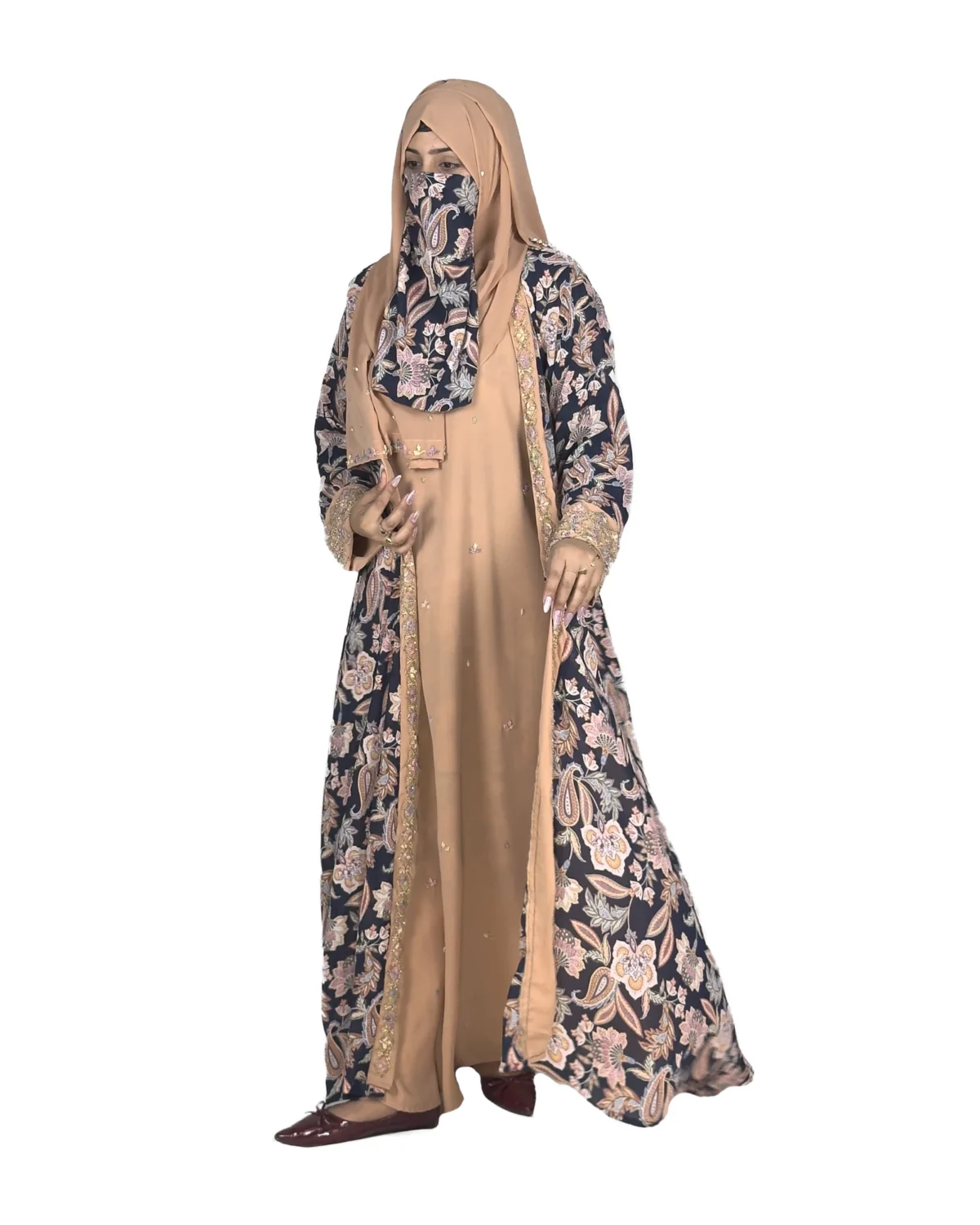 Paisley Rose navy paisley-floral print with a built-in camel inner layer abaya front view with navy paisley print with a gold sequin border