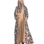 Paisley Rose navy paisley-floral print with a built-in camel inner layer abaya front view with navy paisley print with a gold sequin border