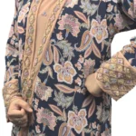 Paisley Rose navy paisley-floral print with a built-in camel inner layer abaya close-up of the diamond-lattice sequin work on the cuff