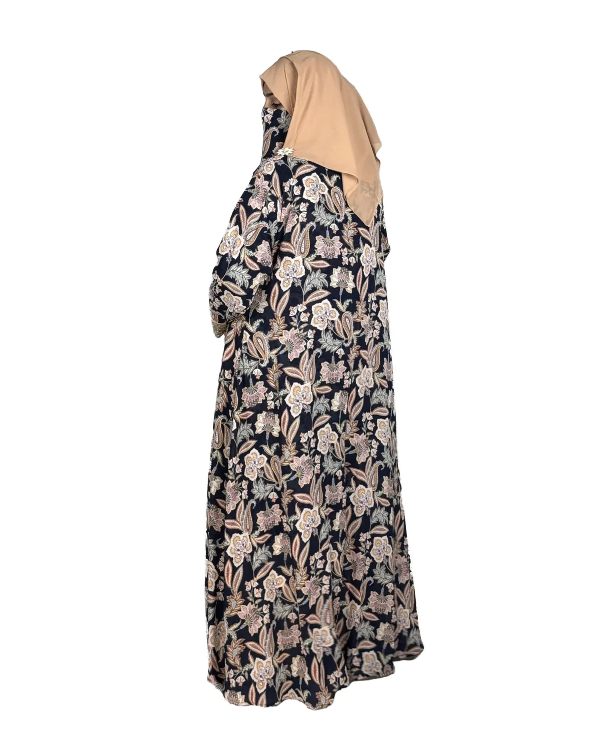 Paisley Rose navy paisley-floral print with a built-in camel inner layer abaya side profile view with navy paisley print with a gold sequin border