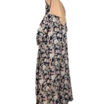 Paisley Rose navy paisley-floral print with a built-in camel inner layer abaya side profile view with navy paisley print with a gold sequin border