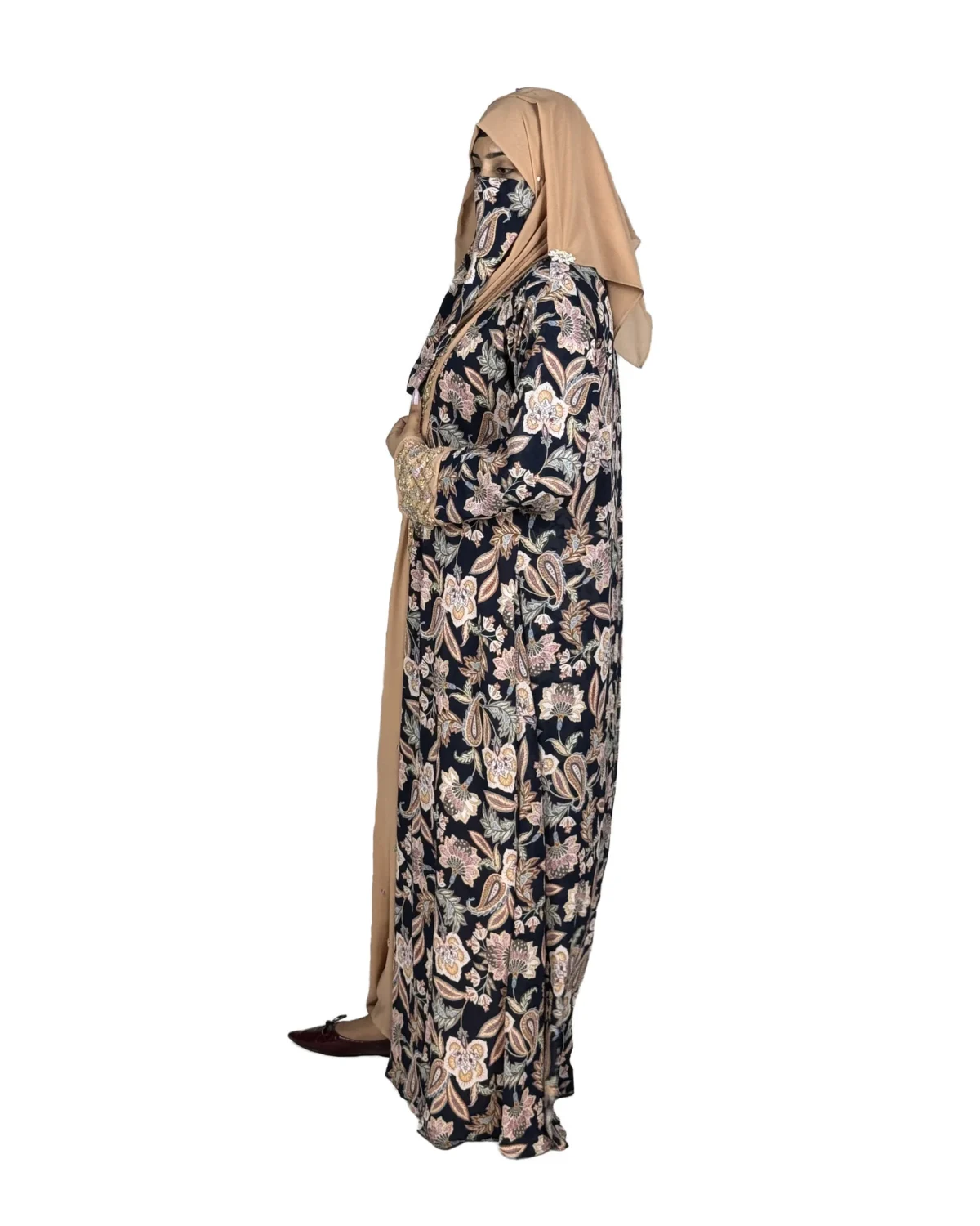 Paisley Rose navy paisley-floral print with a built-in camel inner layer abaya side profile view with navy paisley print with a gold sequin border