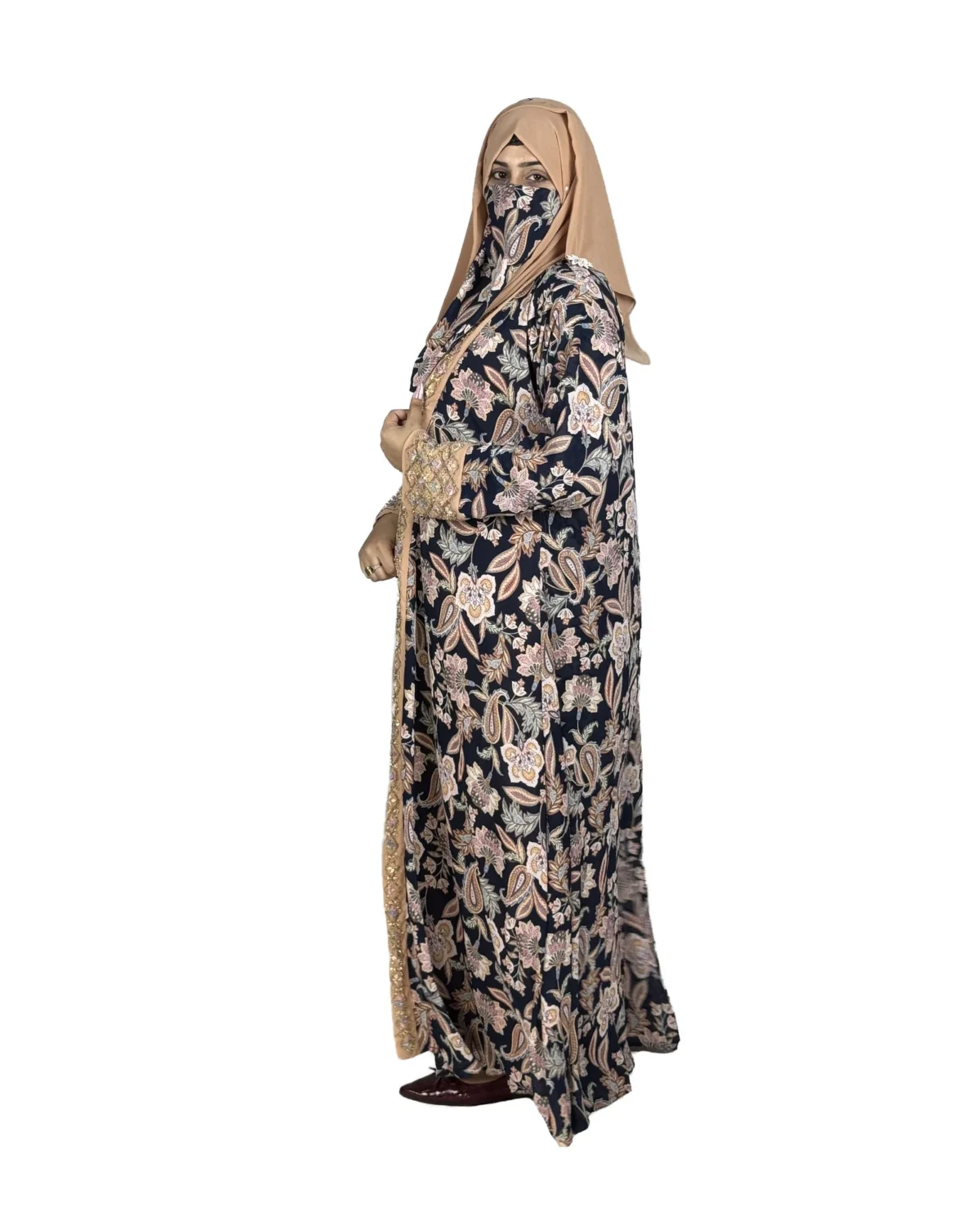 Paisley Rose navy paisley-floral print with a built-in camel inner layer abaya side profile view with navy paisley print with a gold sequin border