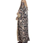 Paisley Rose navy paisley-floral print with a built-in camel inner layer abaya side profile view with navy paisley print with a gold sequin border