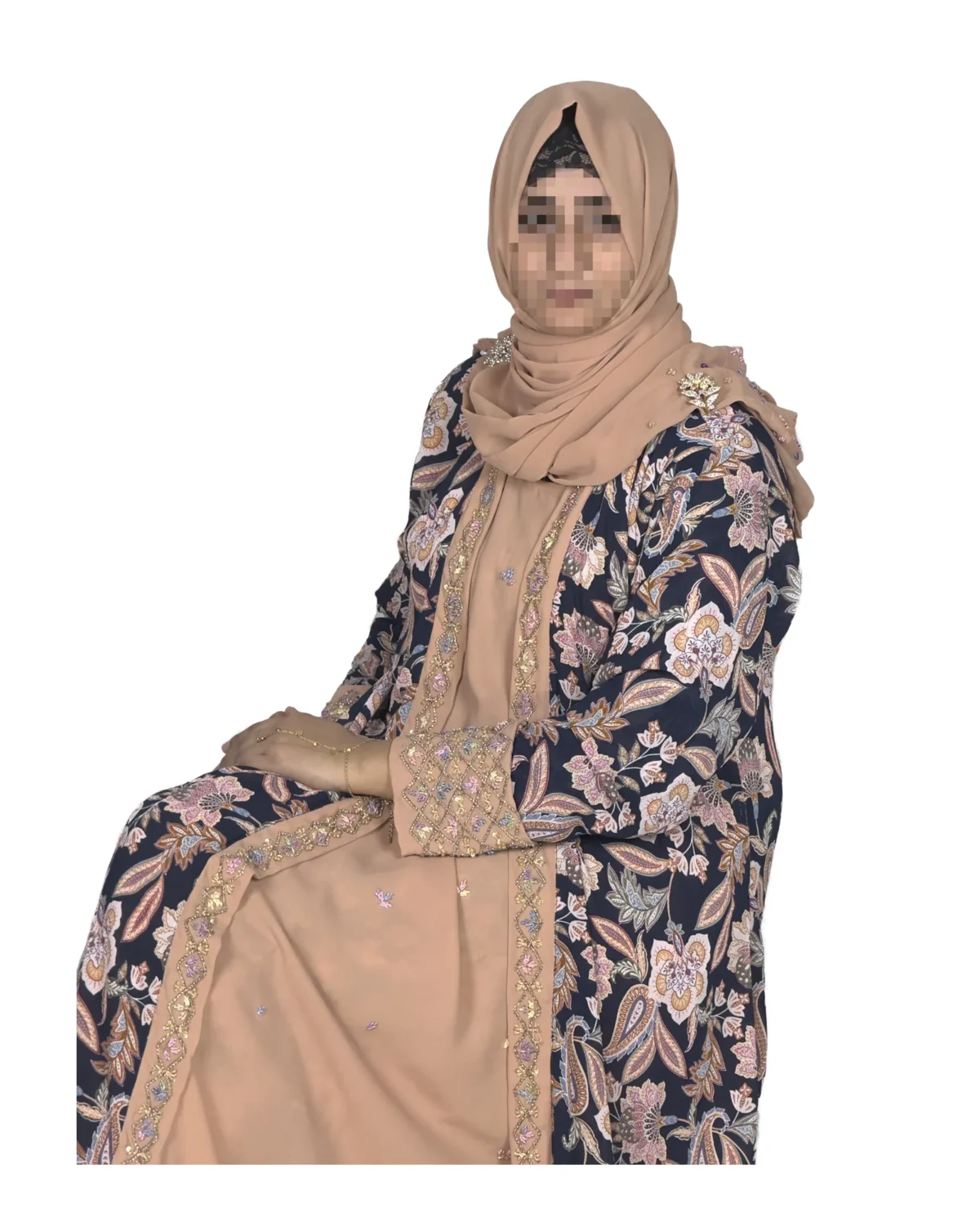 Paisley Rose navy paisley-floral print with a built-in camel inner layer abaya front three-quarter view with navy paisley print with a gold sequin border