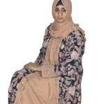 Paisley Rose navy paisley-floral print with a built-in camel inner layer abaya front three-quarter view with navy paisley print with a gold sequin border
